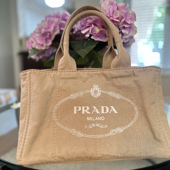 Authentic Prada Canvas Logo Tote Bag – Beige / Off-White - Picture 4 of 16